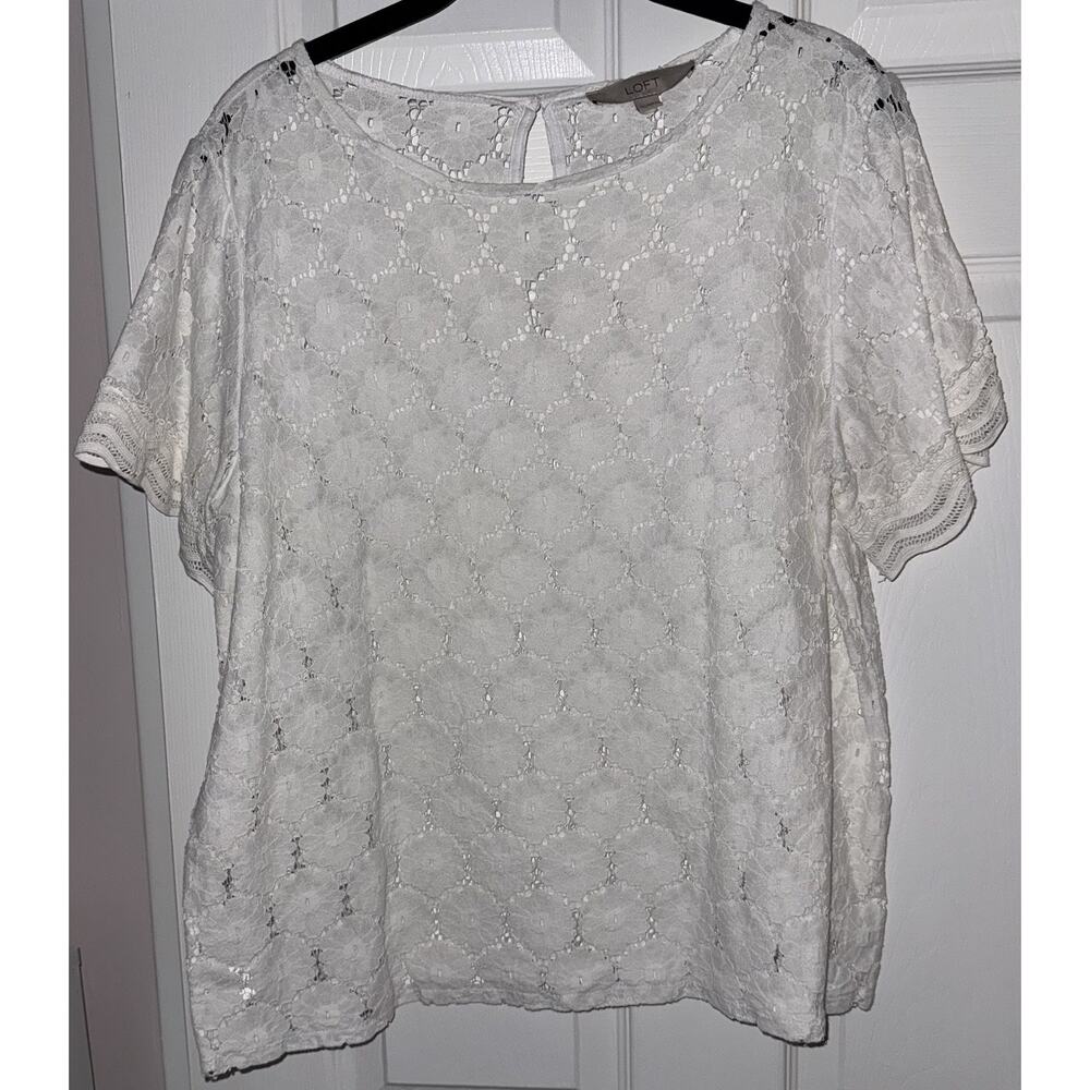 White Embroidered Floral Lace Short Sleeve Top Round Neck Pullover Large EUC